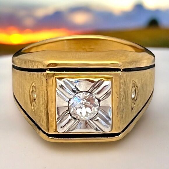 Vintage Uncas Ring Size 11 14K Gold Plate Cubic Zirconia Mid-Century Gent's 14O - Picture 1 of 13